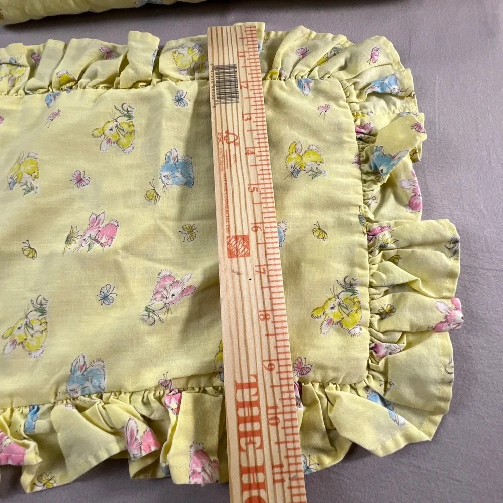 Vintage Bunny Butterfly Baby Quilt Blanket and Ruffled Pillow Sham Set Yellow